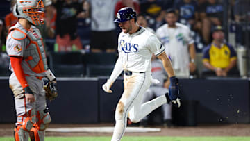 Jun 18, 2025; Tampa, Florida, USA; Tampa Bay Rays outfielder Josh Lowe (15) scores a run against the Baltimore Orioles in the seventh inning at George M. Steinbrenner Field. Mandatory Credit: Nathan Ray Seebeck-Imagn Images