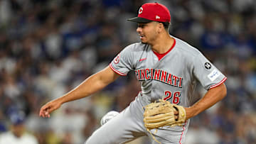 Cincinnati Reds pitcher Chase Burns (26) throws a pitch in the eighth inning of the MLB National League Wild Card Game 2 between the Los Angeles Dodgers and the Cincinnati Reds at Dodger Stadium in Los Angeles on Wednesday, Oct. 1, 2025. The Reds were eliminated from the postseason with an 8-4 loss to the reining World Series Champions La Dodgers.