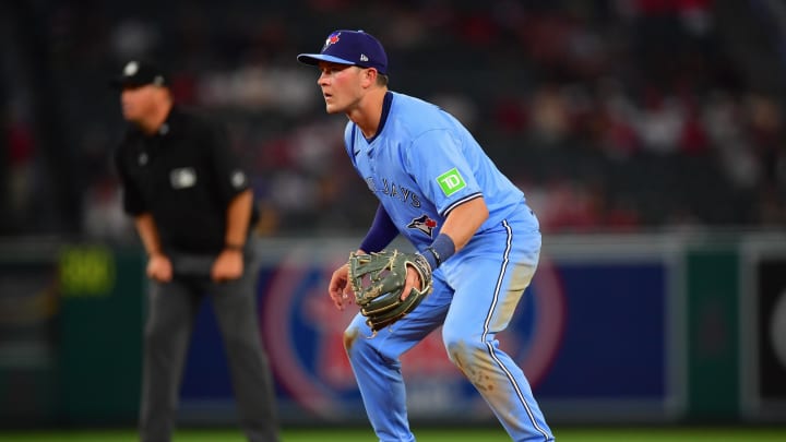 Toronto Blue Jays second baseman Will Wagner (7) in position against the Los Angeles Angels during the fourth inning at Angel Stadium in 2024.