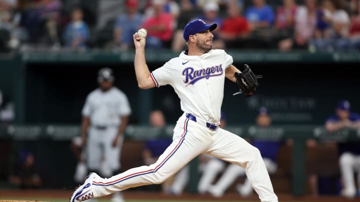 Jul 25, 2024; Arlington, Texas, USA; Texas Rangers pitcher Max Scherzer (31) strikes out Chicago White Sox designated hitter Eloy Jimenez (not pictured) to become 10th on the all-time strike out list in the second inning at Globe Life Field. Mandatory Credit: Tim Heitman-USA TODAY Sports