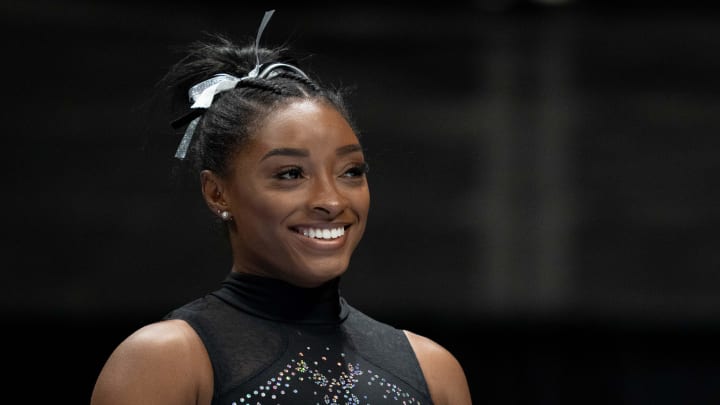 August 27, 2023; San Jose, California, USA; Simone Biles smiles during the 2023 U.S. Gymnastics Championships at SAP Center. Mandatory Credit: Kyle Terada-USA TODAY