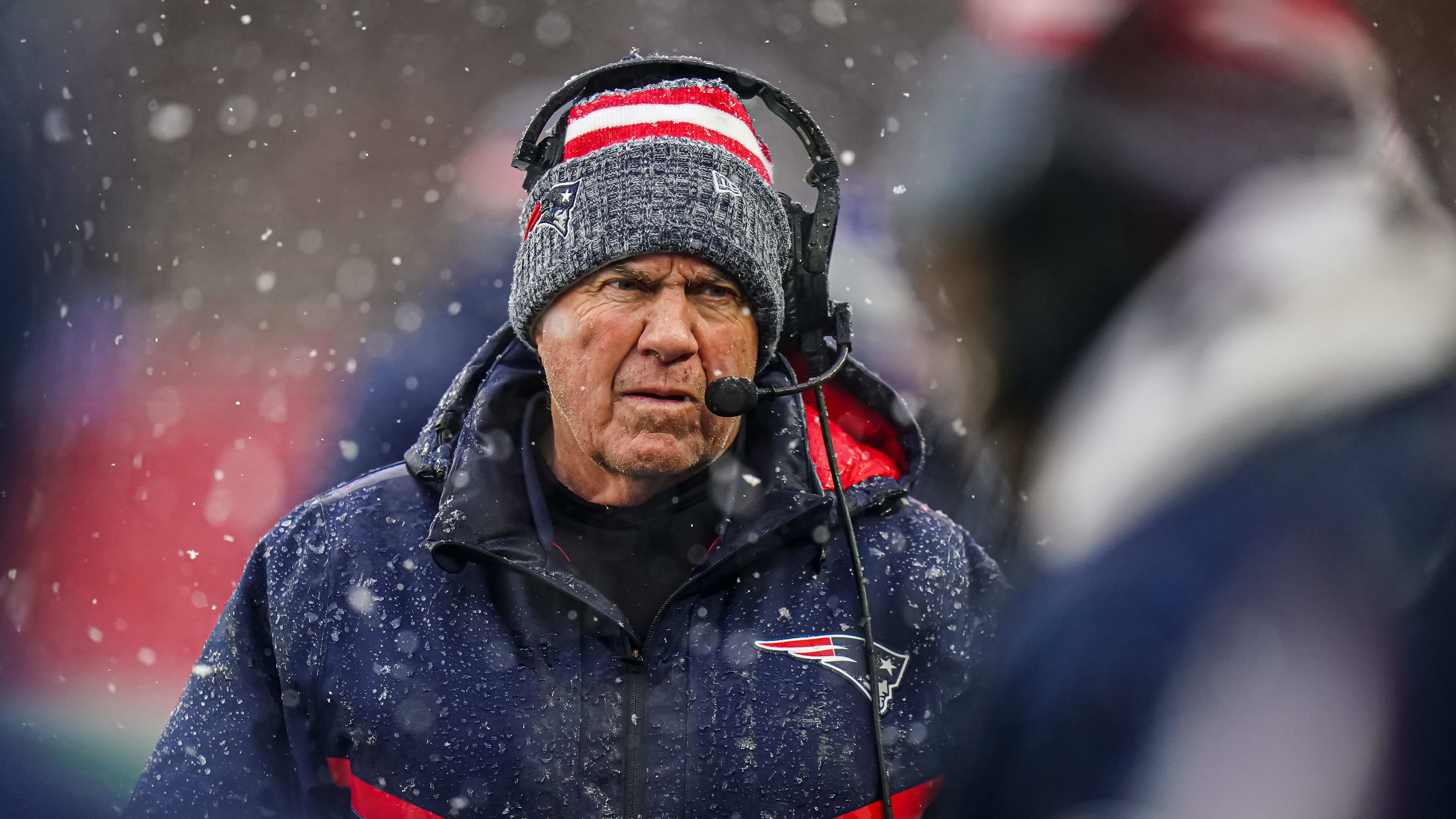 Jan 7, 2024; Foxborough, Massachusetts, USA; New England Patriots head coach Bill Belichick watches