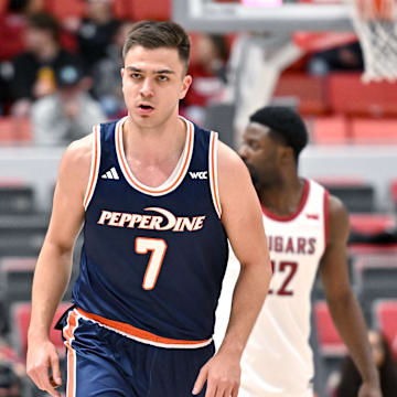 Feb 8, 2025; Pullman, Washington, USA; Pepperdine Waves forward Stefan Todorovic (7) runs back on defense after a basket against the Washington State Cougars in the first half at Friel Court at Beasley Coliseum. Mandatory Credit: James Snook-Imagn Images