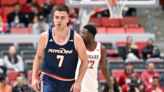 Feb 8, 2025; Pullman, Washington, USA; Pepperdine Waves forward Stefan Todorovic (7) runs back on defense after a basket against the Washington State Cougars in the first half at Friel Court at Beasley Coliseum. Mandatory Credit: James Snook-Imagn Images