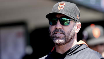 May 26, 2025; Detroit, Michigan, USA;  San Francisco Giants pitcher Justin Verlander in the dugout in the first inning against the Detroit Tigers at Comerica Park. 