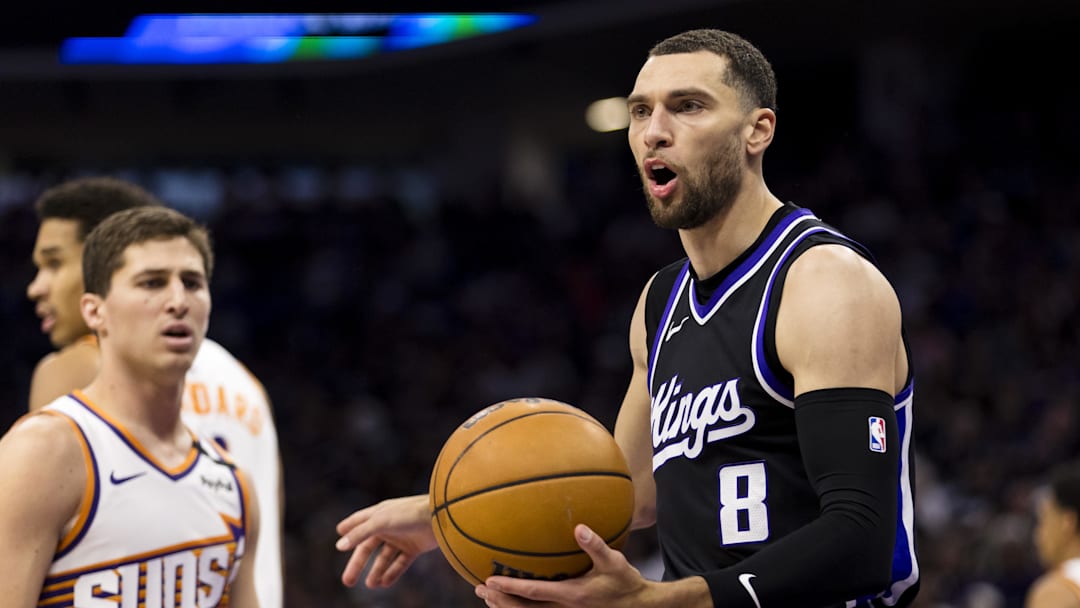 Apr 13, 2025; Sacramento, California, USA;  Sacramento Kings guard Zach LaVine (8) reacts during the second quarter against the Phoenix Suns at Golden 1 Center. Mandatory Credit: John Hefti-Imagn Images