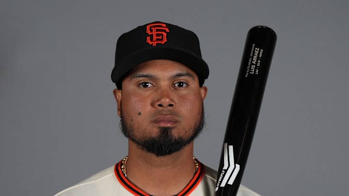 Feb 19, 2026; Scottsdale, AZ, USA; San Francisco Giants infielder Luis Arraez (1) poses during Photo Day at Scottsdale Stadium. Mandatory Credit: Rick Scuteri-Imagn Images