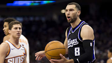 Apr 13, 2025; Sacramento, California, USA;  Sacramento Kings guard Zach LaVine (8) reacts during the second quarter against the Phoenix Suns at Golden 1 Center. Mandatory Credit: John Hefti-Imagn Images