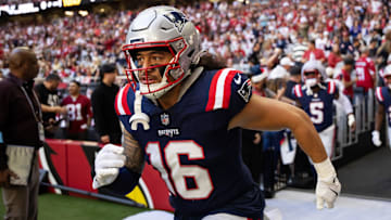 Dec 15, 2024; Glendale, Arizona, USA; New England Patriots linebacker Sione Takitaki (16) against the Arizona Cardinals at State Farm Stadium.