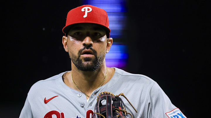 Aug 12, 2025; Cincinnati, Ohio, USA; Philadelphia Phillies outfielder Nick Castellanos (8) walks off the field at the end of the seventh inning against the Cincinnati Reds at Great American Ball Park. Mandatory Credit: Katie Stratman-Imagn Images