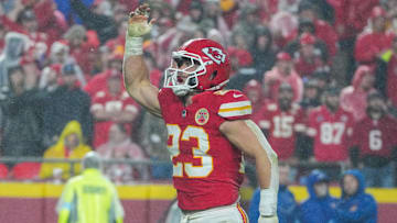 Nov 4, 2024; Kansas City, Missouri, USA; Kansas City Chiefs linebacker Drue Tranquill (23) celebrates after sacking Tampa Bay Buccaneers quarterback Baker Mayfield (6) (not pictured) during the second half at GEHA Field at Arrowhead Stadium. Mandatory Credit: Denny Medley-Imagn Images
