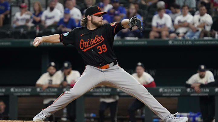 Jul 19, 2024; Arlington, Texas, USA; Baltimore Orioles pitcher Corbin Burnes (39) throws to the plate during the sixth inning against the Texas Rangers at Globe Life Field. Mandatory Credit: Raymond Carlin III-Imagn Images