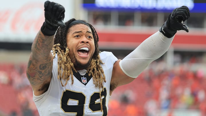 Dec 7, 2025; Tampa, Florida, USA; New Orleans Saints defensive end Chase Young (99) reacts after defeating the Tampa Bay Buccaneers at Raymond James Stadium. Mandatory Credit: Kim Klement Neitzel-Imagn Images