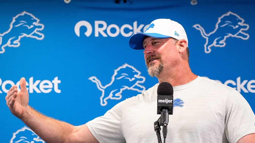 Detroit Lions head coach Dan Campbell speaks at a press conference during training camp at Meijer Performance Center in Allen Park on Sunday, July 20, 2025.