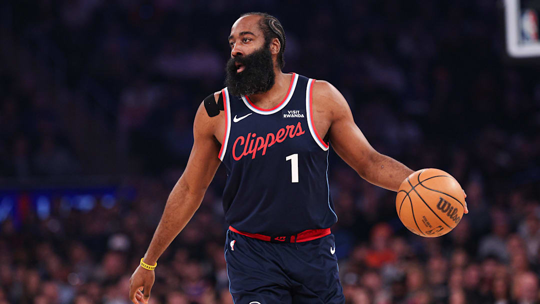 Jan 7, 2026; New York, New York, USA; LA Clippers guard James Harden (1) dribbles up court against the New York Knicks during the first quarter at Madison Square Garden. Mandatory Credit: Vincent Carchietta-Imagn Images