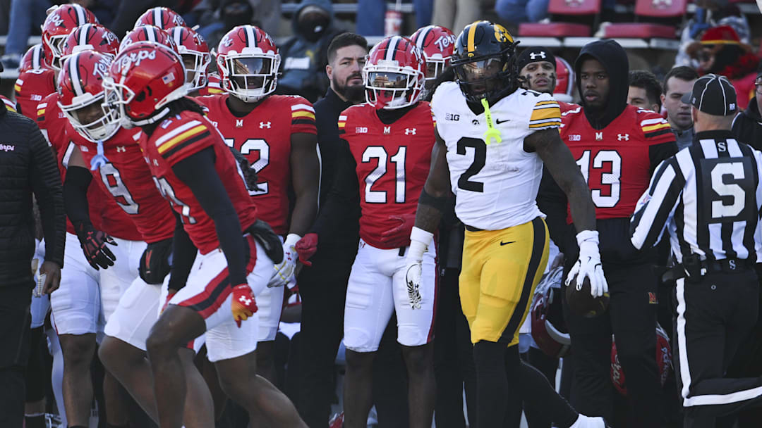 Nov 23, 2024; College Park, Maryland, USA;  Iowa Hawkeyes running back Kaleb Johnson (2) reacts after a run during the first half against the Maryland Terrapins at SECU Stadium.