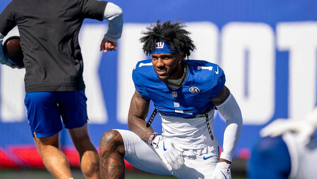 New York Giants wide receiver Malik Nabers (1) stretches during a week 6 NFL football game between New York Giants and New Orleans Saints on Sunday, Oct. 18, 2026, at MetLife Stadium in East Rutherford, NJ. New York Giants wide receiver Malik Nabers (1) stretches during a week 6 NFL football game between New York Giants and New Orleans Saints on Sunday, Oct. 18, 2026, at MetLife Stadium in East Rutherford, NJ.