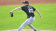 Chicago White Sox starting pitcher Erick Fedde delivers a pitch against the Cleveland Guardians on July 3 at Progressive Field.