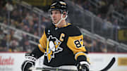 Sidney Crosby skates during the Penguins' 6–5 overtime loss to the Maple Leafs on March 2, 2025.