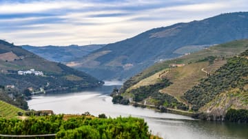 Douro River and surrounding mountains on an overcast day...
