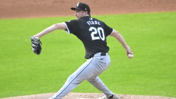Jul 3, 2024; Cleveland, Ohio, USA; Chicago White Sox starting pitcher Erick Fedde (20) delivers a pitch in the second inning against the Cleveland Guardians at Progressive Field. Mandatory Credit: David Richard-USA TODAY Sports