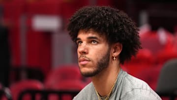 Dec 11, 2021; Miami, Florida, USA; Chicago Bulls guard Lonzo Ball sits court-side prior to the game against the Miami Heat at FTX Arena. Mandatory Credit: Jasen Vinlove-Imagn Images