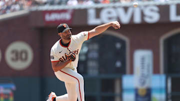 Jun 5, 2025; San Francisco, California, USA; San Francisco Giants starting pitcher Robbie Ray (38) pitches the ball against the San Diego Padres during the first inning at Oracle Park. 