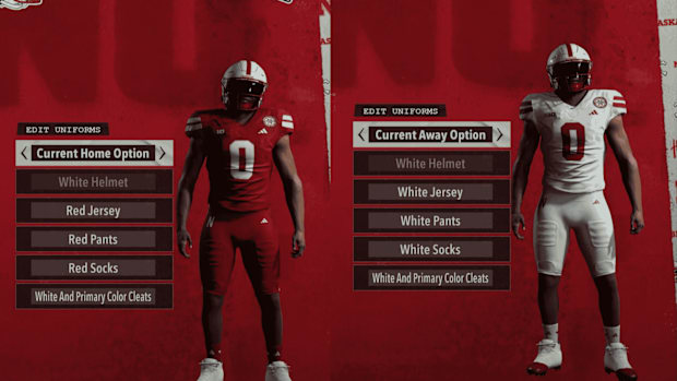 Nebraska football's home and away option uniforms in EA Sports College Football 26.