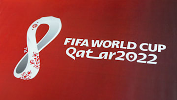 Official logo FIFA World Cup 2022 in Qatar printed on banner...