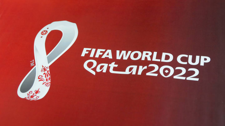 Official logo FIFA World Cup 2022 in Qatar printed on banner...