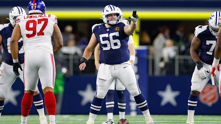 Dallas Cowboys center Cooper Beebe signals at the line against the New York Giants. Dallas Cowboys center Cooper Beebe signals at the line against the New York Giants.