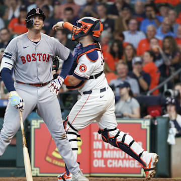 Aug 21, 2024; Houston, Texas, USA;  Boston Red Sox first baseman Triston Casas (36) reacts to striking out against the Houston Astros to end the top of the sixth inning at Minute Maid Park. Mandatory Credit: Thomas Shea-Imagn Images