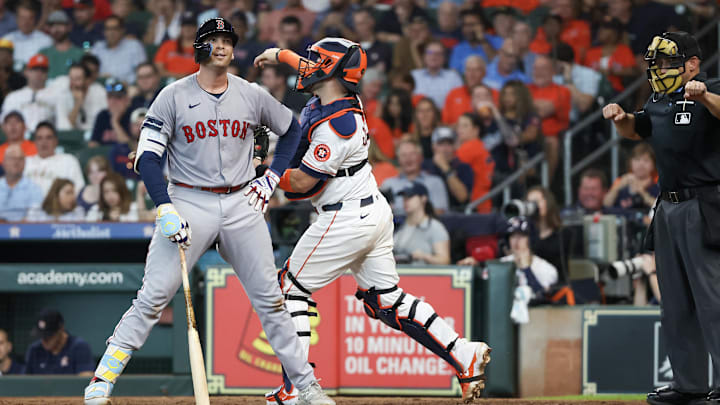 Aug 21, 2024; Houston, Texas, USA;  Boston Red Sox first baseman Triston Casas (36) reacts to striking out against the Houston Astros to end the top of the sixth inning at Minute Maid Park. Mandatory Credit: Thomas Shea-Imagn Images