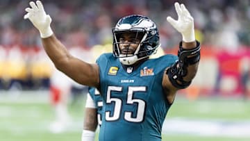 Philadelphia Eagles defensive end Brandon Graham (55) against the Kansas City Chiefs during Super Bowl LIX at Caesars Superdome.