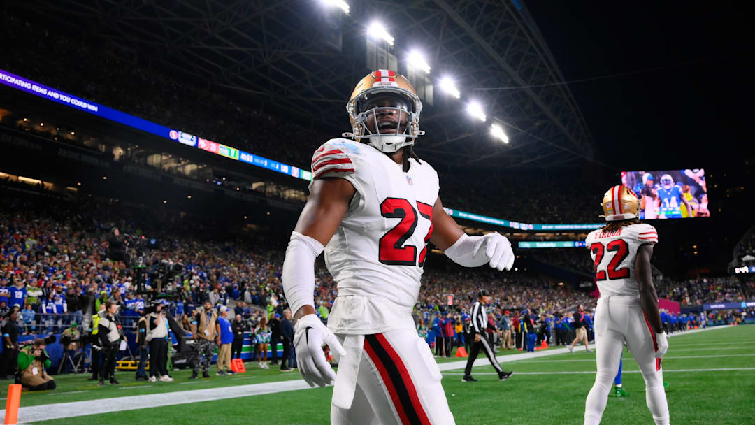 Oct 10, 2024; Seattle, Washington, USA; San Francisco 49ers safety Ji'Ayir Brown (27) celebrates after a defensive play against the Seattle Seahawks during the second half at Lumen Field.