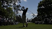 Rory McIlroy plays his shot from the 7th tee during the second round of the 2025 Masters. 
