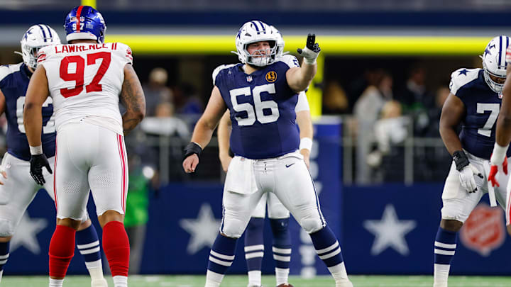 Dallas Cowboys center Cooper Beebe signals at the line against the New York Giants. Dallas Cowboys center Cooper Beebe signals at the line against the New York Giants.