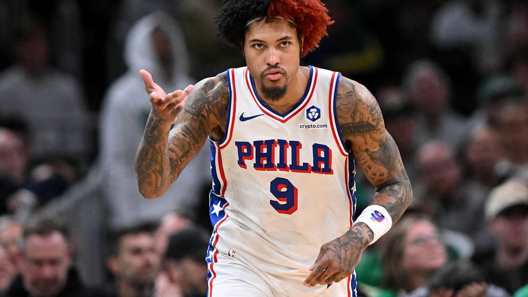 Apr 21, 2026; Boston, Massachusetts, USA; Philadelphia 76ers guard Kelly Oubre Jr. (9) reacts after making a three-point basket against the Boston Celtics in the second half of a game two of the first round of the 2026 NBA Playoffs at TD Garden.