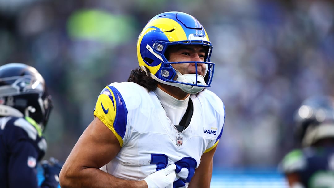 Jan 25, 2026; Seattle, WA, USA; Los Angeles Rams wide receiver Puka Nacua (12) reacts after a catch against the Seattle Seahawks during the first half in the 2026 NFC Championship Game at Lumen Field. Mandatory Credit: Kevin Ng-Imagn Images
