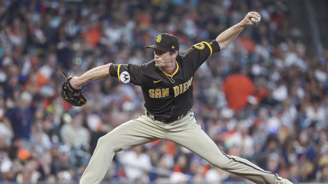 Sep 10, 2023; Houston, Texas, USA; San Diego Padres relief pitcher Tim Hill (25) delivers a pitch during the sixth inning against the Houston Astros at Minute Maid Park. Mandatory Credit: Troy Taormina-USA TODAY Sports