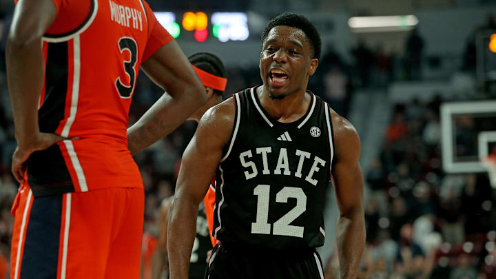 Feb 18, 2026; Starkville, Mississippi, USA; Mississippi State Bulldogs guard Josh Hubbard (12) reacts during the second half against the Auburn Tigers at Humphrey Coliseum. Mandatory Credit: Petre Thomas-Imagn Images