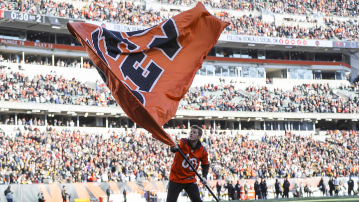 Nov 28, 2021; Cincinnati, Ohio, USA; A member of the Cincinnati Bengals stripe squad waves a flag