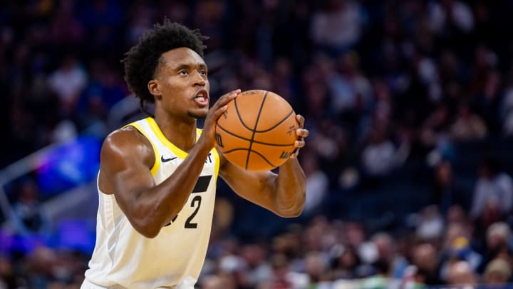 Apr 7, 2024; San Francisco, California, USA;  Utah Jazz guard Collin Sexton (2) shoots a technical free throw during the third quarter against the Golden State Warriors at Chase Center. Mandatory Credit: Bob Kupbens-USA TODAY Sports