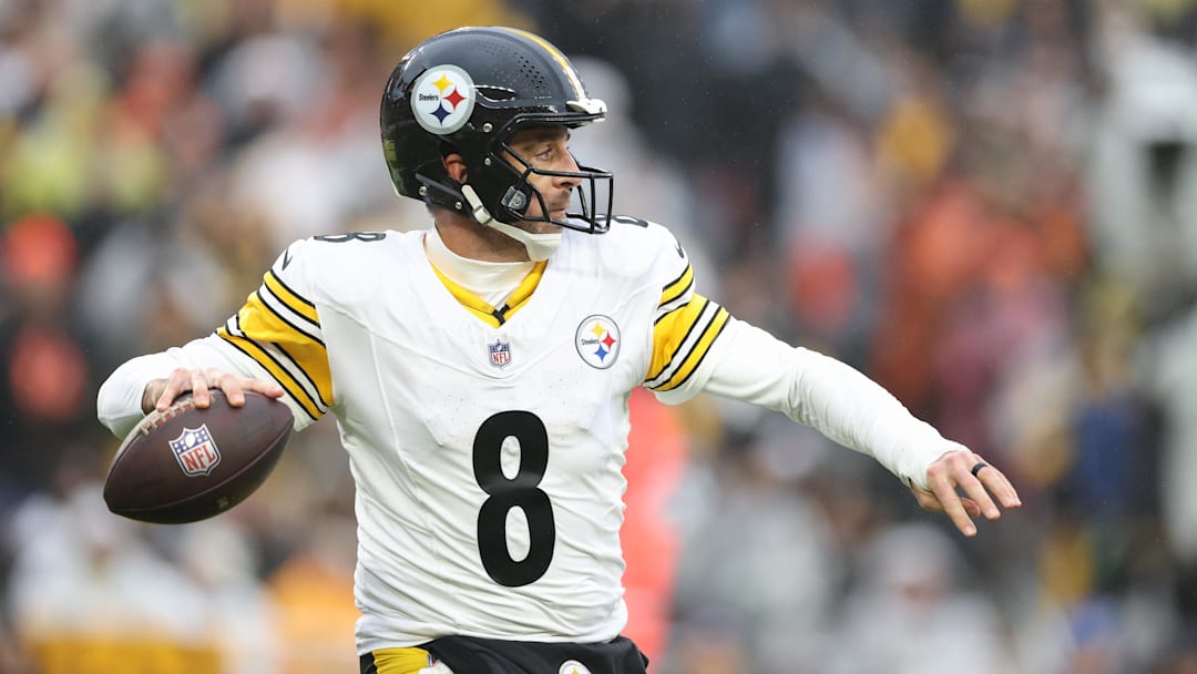 Dec 28, 2025; Cleveland, Ohio, USA;  Pittsburgh Steelers quarterback Aaron Rodgers (8) looks to throw in the first quarter against the Cleveland Browns at Huntington Bank Field. Mandatory Credit: Scott Galvin-Imagn Images