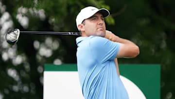 Scottie Scheffler tees off during the second round of the 2025 CJ Cup Byron Nelson at TPC Craig Ranch