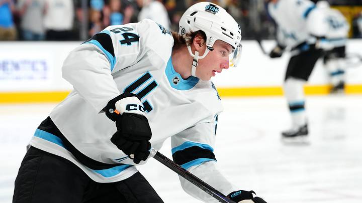 Sep 27, 2024; Las Vegas, Nevada, USA; Utah Hockey Club forward Cole Beaudoin (24) warms up before the start of a game against the Vegas Golden Knights at T-Mobile Arena. Mandatory Credit: Stephen R. Sylvanie-Imagn Images Sep 27, 2024; Las Vegas, Nevada, USA; Utah Hockey Club forward Cole Beaudoin (24) warms up before the start of a game against the Vegas Golden Knights at T-Mobile Arena. Mandatory Credit: Stephen R. Sylvanie-Imagn Images