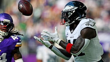 Oct 19, 2025; Minneapolis, Minnesota, USA; Philadelphia Eagles wide receiver A.J. Brown (11) makes a catch during the first half against the Minnesota Vikings at U.S. Bank Stadium.