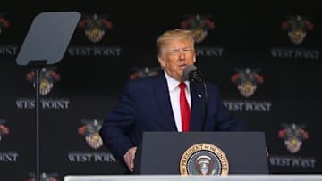President Donald J. Trump addresses the graduates of the Class of 2020 during the commencement ceremony on the Plain at West Point.