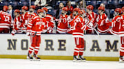 Boston University players celebrate goal during the Boston University-Notre Dame NCAA hockey game on Saturday, October 21, 2023, at Compton Family Ice Arena in South Bend, Indiana.
