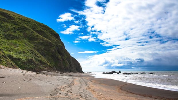 A beach in between the ocean and a grass covered hill.